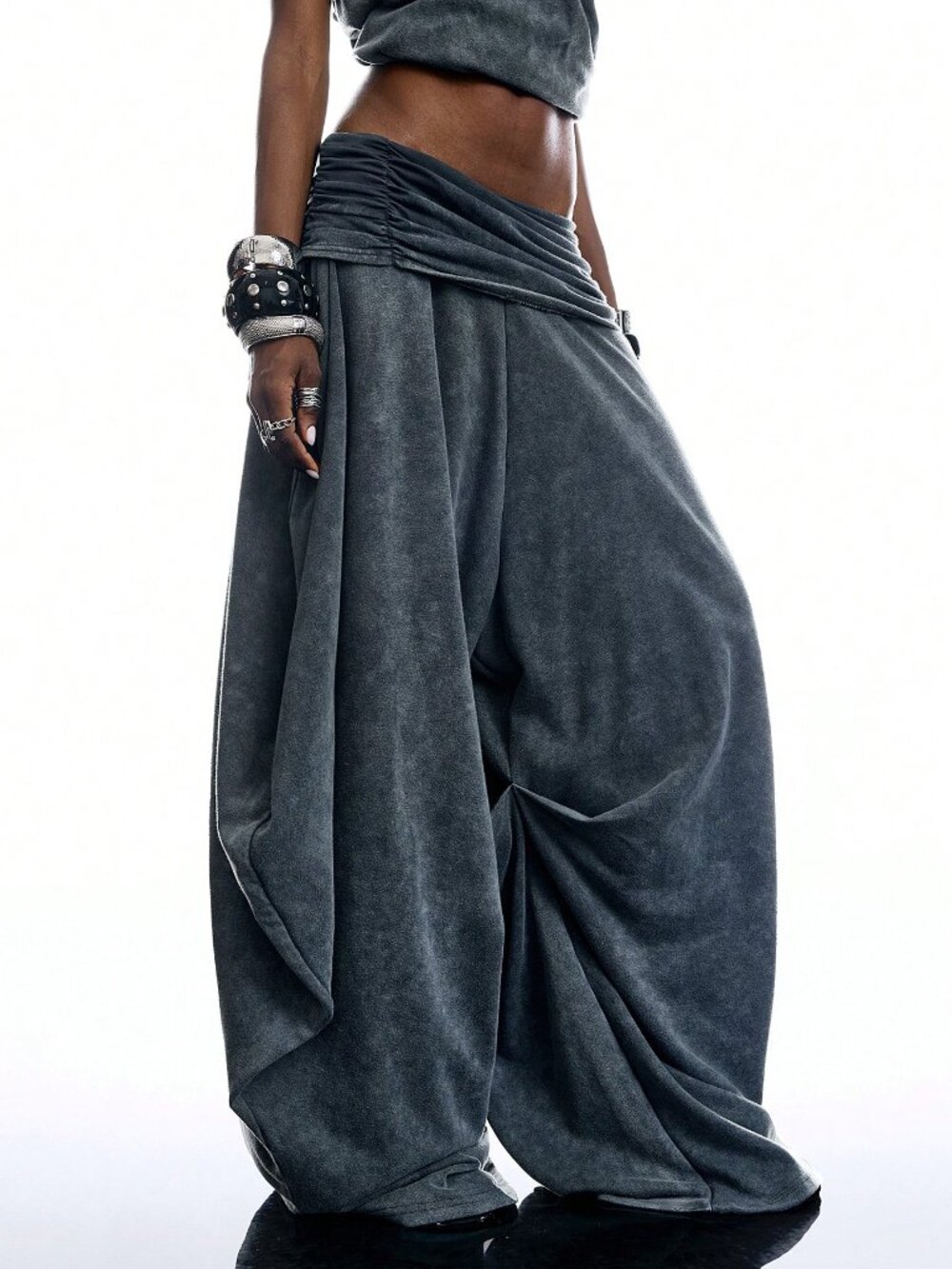 Dusty Blue Casual Women's Loose Wide Leg Low Waist Ruched Plain Long Culottes